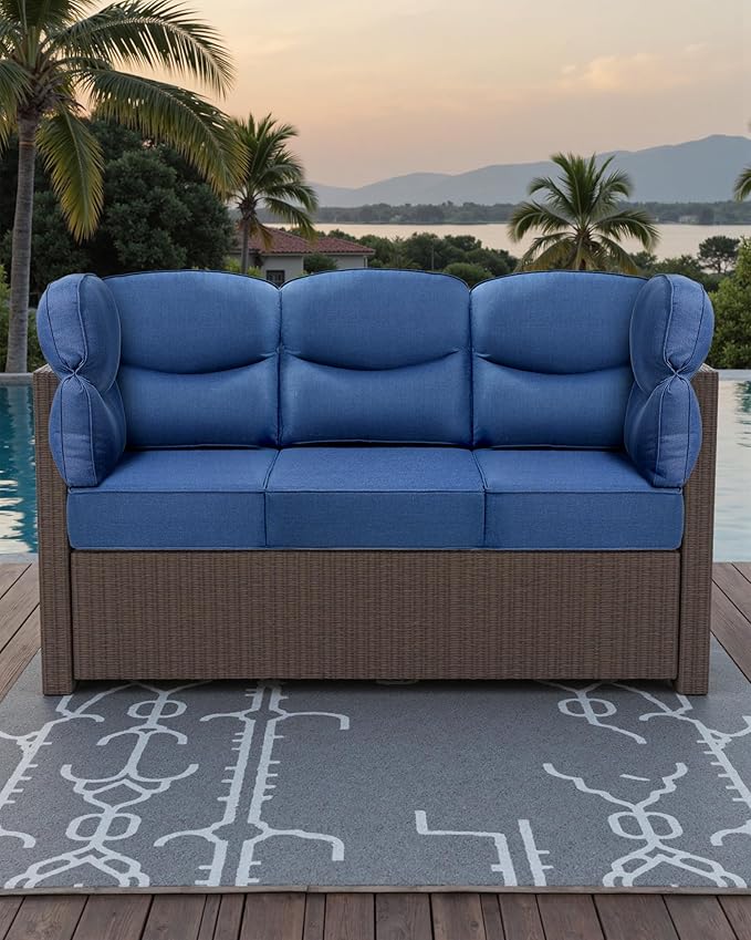 Luxury 24x24x6 Outdoor Couch Cushions Set of 3 - Water-Repellent 8-Piece Cushion Set for Outside Wicker 3-Seat Sofa Loveseat Chair Sectional Patio Conversation Sets - Navy Blue/Smile