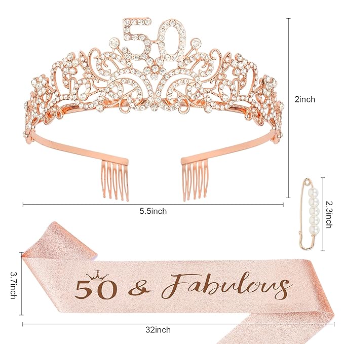 Semato Rose Gold 50th Birthday Tiara & Sash Set for Women - Rhinestone Crown & Glitter Sash - Party Supplies & Favors