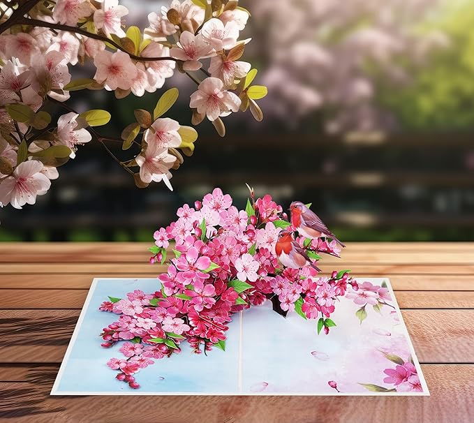 Robins Couple w Cherry Blossom Pop Up Anniversary Cards, 6x8in Wedding Anniversary Card, Valentines Day Card, 3D Gift Card for Her, Him, Husband, Wife (Cherry Blossom Robins Couple)