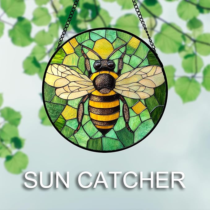 Stained Glass Window Hanging 4 Pcs Set Green Plants Yellow Insect Theme 6.3" - Suncatcher Door Garden Sun Catcher Decor Birthday Christmas for Mom Woman Nana Men