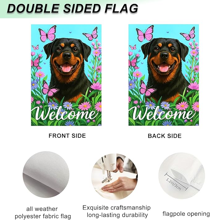 IVN Welcome Dog Garden Flag 12x18 Inch Double Sided Rottweiler Butterfly Flower Outdoor Yard Flag for Home Front Door Lawn Porch Summer Decor