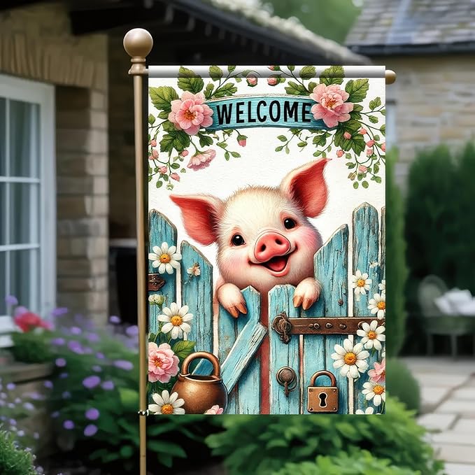 BlissYard Welcome Spring Summer Garden Flag 12 x 18 inch Double Sided Cute Pig Small Yard Flag Seasonal Outdoor Decoration Yard Hello Spring Summer Farmhouse Holiday Garden Flags