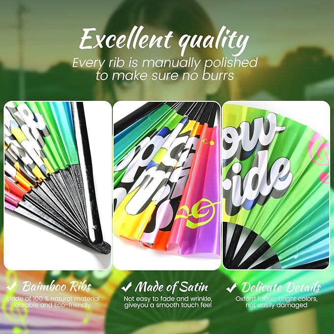 SYNTECSO Folding Hand Fan for Rave, Popping Fan for Line Dancing, Drag Queen, Women and Men Gift，Chinese Japanese UV Glow Clack Fan for Parties, Music Festivals, EDM and Decoration