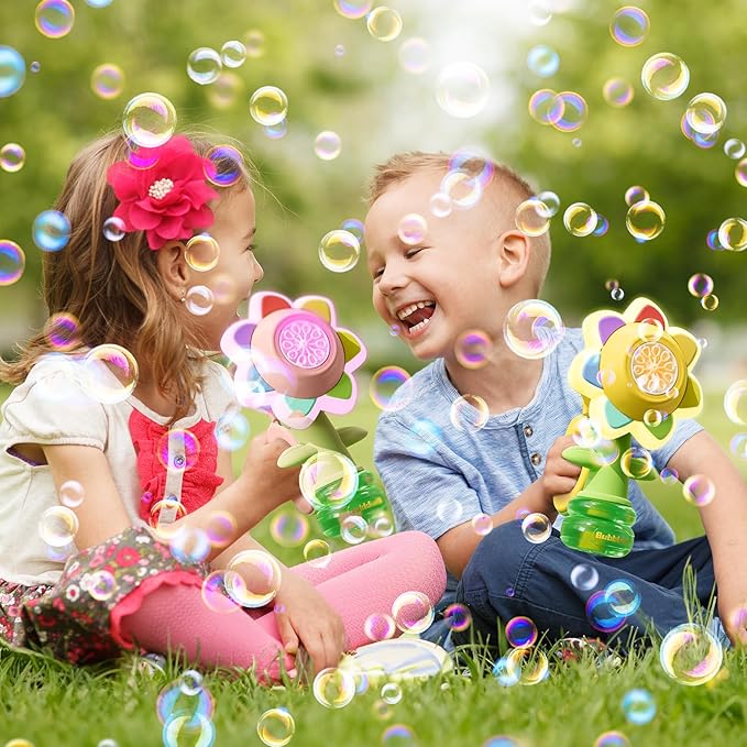 Rechargeable Flower Bubble Guns for Kids W/LED Lights & 10 Refill Solutions, Fun Swing Dance Bubble Maker Machine Blower Blaster Toys,Outdoor Summer Play, Easter, Birthday Party Favors & Gifts Yellow