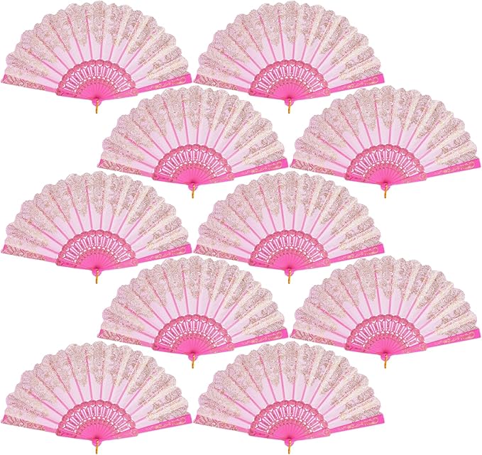 QIRMIZI 10 Pack Folding Handheld Fans,Silk Spanish Fan, Perfect for Weddings, Parties, and Dancing,Pink