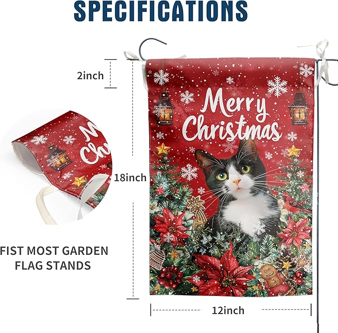 Christmas Cat Garden Flag Merry Christmas Tuxedo Cat Yard Flag for Outside Xmas Flags 12x18 Double Sided Red Poinsettia Garden Flags Winter Porch Outdoor Decor