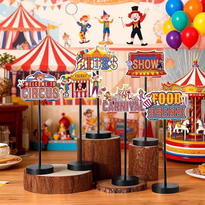 6 Pcs Carnival Party Decor Carnival Circus Decoration for Table Centerpieces Circus Birthday Wooden Standing Signs Tabletop Decor for Home Office Room Desk Party Supplies