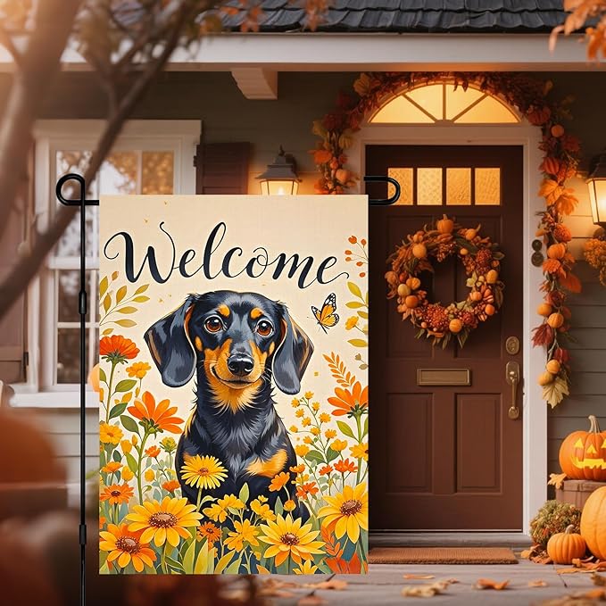 BlissYard Spring Summer Garden Flag 12x18 Inch Welcome Dachshund Dog Outdoor Flag Double Sided Autumn Yard Banner with Sunflowers and Butterflies for Porch Lawn Patio