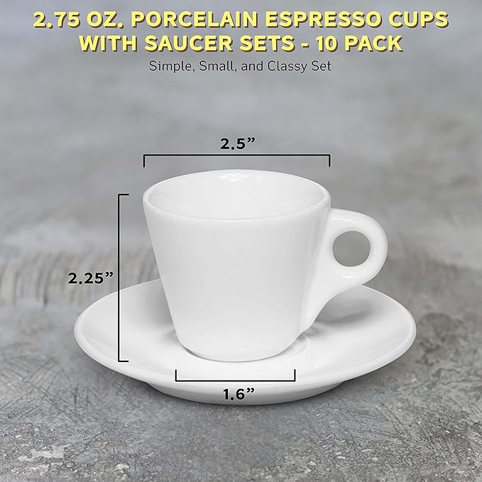 DISCOUNT PROMOS Espresso Cups with Saucer 2.75 oz. Set of 10, Bulk Pack - Perfect for Espresso, Tea, Other Beverages - White