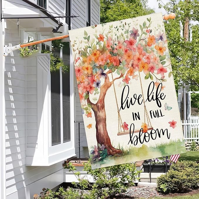 Baccessor Spring Summer House Flag, Flower Tree Swing Butterflies Floral Large Yard Flag for Outside Double Sided Burlap Outdoor Porch Decor 28 x 40 Inch