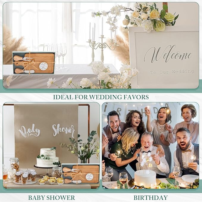60 Set Bridal Baby Shower Cheese Prizes Wooden Square Board Gift Set Knives Forks Thank You Tags with Box for Guests for Valentines Bridal Baby Shower Housewarming Gifts (Bamboo Color)