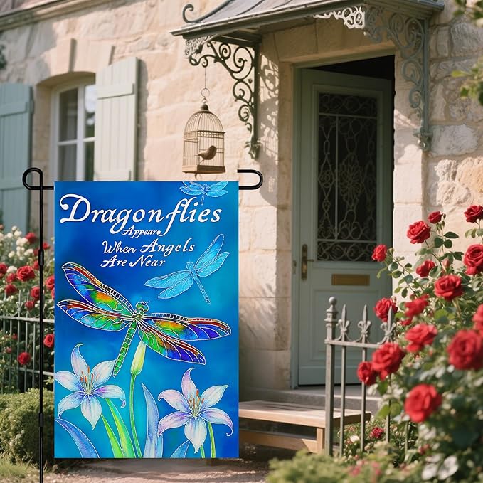 IVN Dragonfly Garden Flag 12x18 Inch Double Sided Blue Flower Outdoor Yard Flag for Home Front Door Lawn Porch Nature Decor
