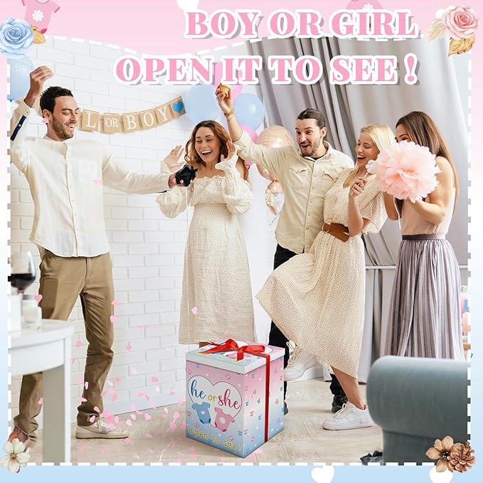 Hungdao Gender Reveal Balloon Box with Ribbon and 10 Pink and Blue Balloons Gender Reveal Games He or She Open to See for Party Decoration 12"x12"x16"(Cloth)