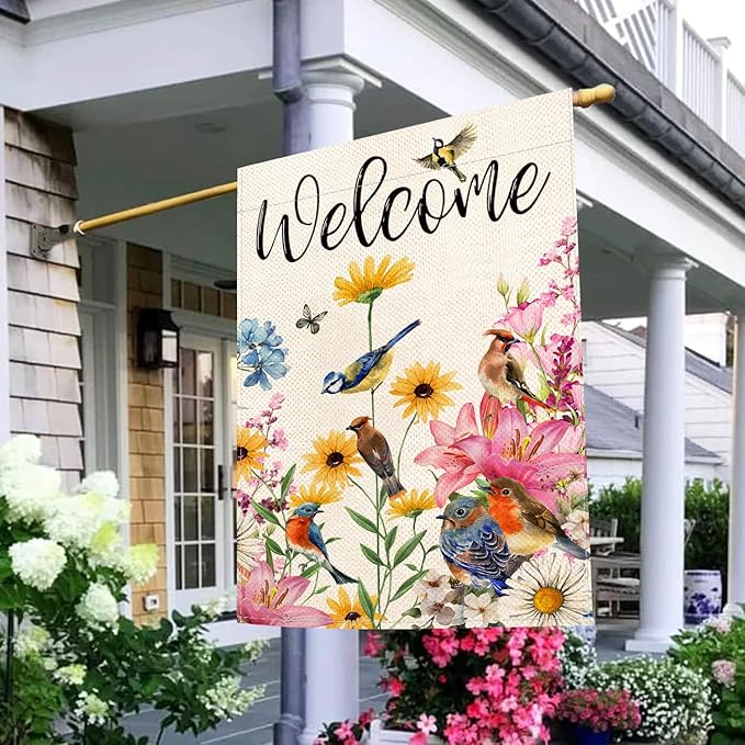 Baccessor Spring House Flag Floral Bird Butterfly Flowers Welcome Spring Summer Flag 28 x 40 Inch Double Sided Burlap Large Spring Outside Decor