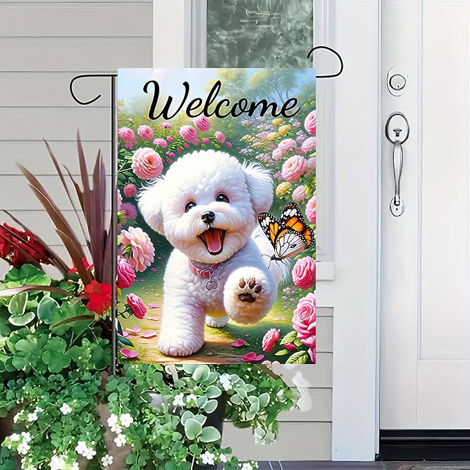 BlissYard Welcome Garden Flag Spring Summer Dog Garden Flag 12x18 Inch Double Sided Cute Bichon Frise Puppy Floral Butterfly Outdoor Yard Lawn Porch Decor Banner