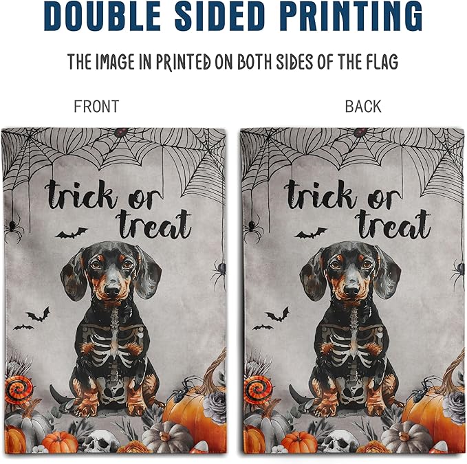 Halloween Dachshund Garden Flag Trick or Treat Yard Sign Ghost Wiener Dog Skeleton Banner for Outside 12x18 Double Sided Outdoor Lawn Decor Small