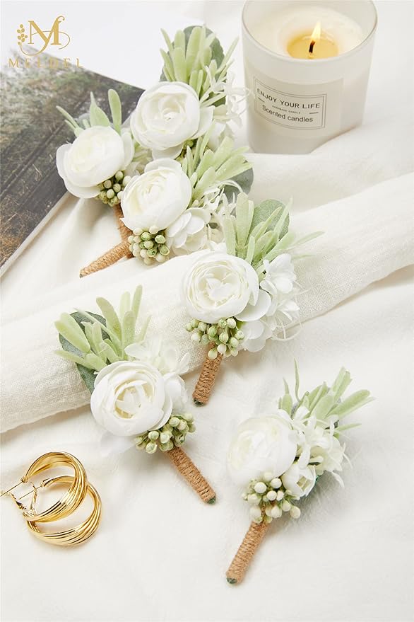 Meldel Ivory & Greenery Homecoming Boutonniere, White Boutonniere for Men Wedding, Set of 6, Groom Groomsmen Man Boutonniere for Wedding Ceremony Anniversary, Party Fall Vintage Wedding Prom
