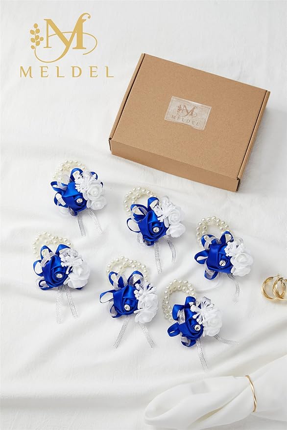 Meldel Prom Flower Wrist Corsages for Wedding, Set of 6, Royal Blue Wrist Corsages for Prom Bridal Bridesmaid Girl, Rose Hand Flower for Wedding Ceremony Anniversary,Dinner Party, Homecoming