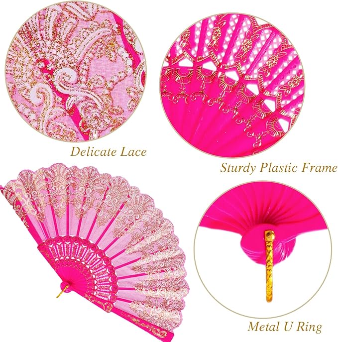 QIRMIZI 10 Pack Folding Handheld Fans,Silk Spanish Fan, Perfect for Weddings, Parties, and Dancing,Deeppink