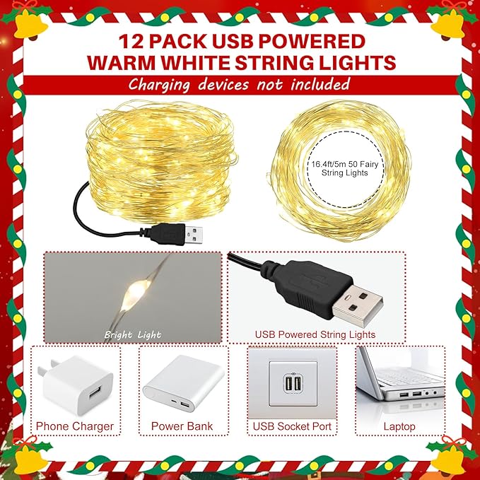 Macarrie 12 Pcs Fairy Lights USB Powered 16 ft 50 LED String Lights Plug in for Xmas Indoor Outdoor Party Wedding Home Festival Tree Garden Decoration (Warm White)
