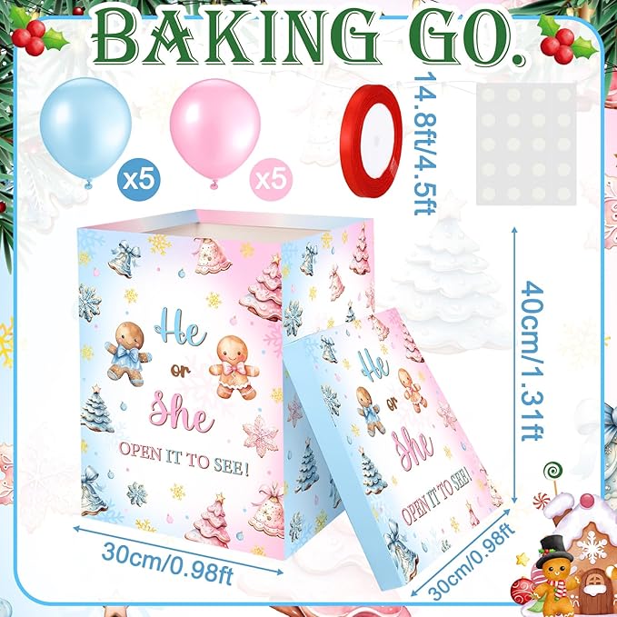 Hungdao Gender Reveal Balloon Box with Ribbon and 10 Pink and Blue Balloons Gender Reveal Games He or She Open to See for Party Decoration 12"x12"x16" (Gingerbread and Trees)