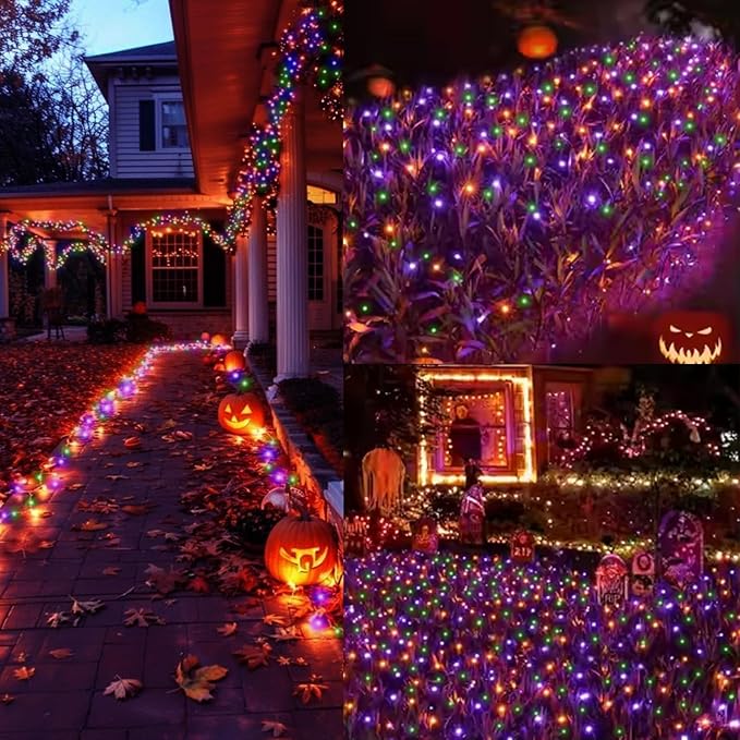 LAMPHOME 33ft Halloween Decorative Mini Lights, 100 LED Clear Wire Fairy Starry String Lights Plug in, 16Lighting Modes for Halloween Outdoor Party Decoration (Orange/Purple/Green)