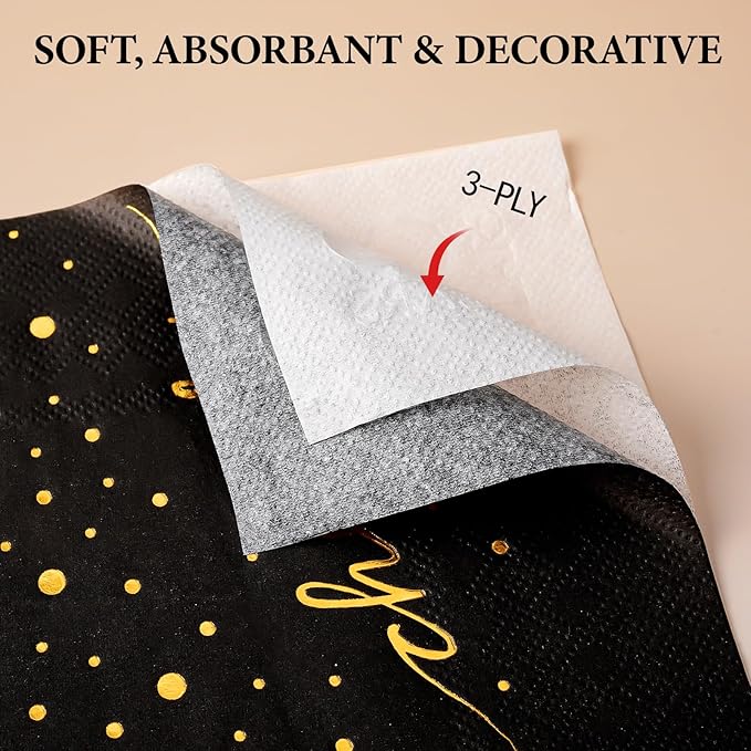 100 Pack of 30th Birthday Napkins, Cheers to 30 Cocktail 5x5 Inches Party Paper Napkins for Birthday Decorations Wedding Anniversary Black and Gold, 3-Ply