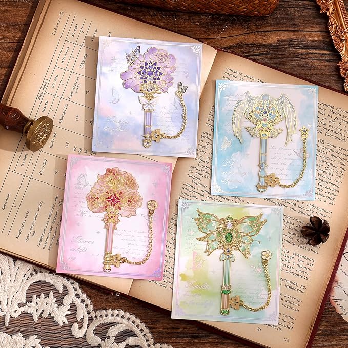 4pcs Metal Bookmarks Set for Reading Women and Men, Enchanted Floral Wing Key Magic Reading Accessories, Fantasy Book Marks Gifts for Book Lovers Readers Kids Page Holders with Flower Feather Designs