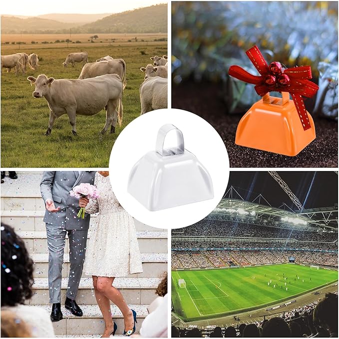 PATIKIL 3inch Cow Bells for Football Games, 12pcs Cowbells for Sporting Events Bulk Loud Noise Makers Metal Cow Bell with Handle for Cheering Competition Marathon Wedding DIY Paint, White