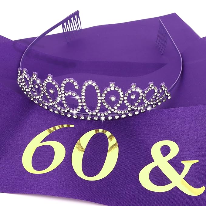 Casoty Purple 60th Birthday Sash and Tiara, 60th Birthday Party Decorations for Women Crown and 60 & Fabulous Sash, Party Supllies Favors for Women Gifts for Her