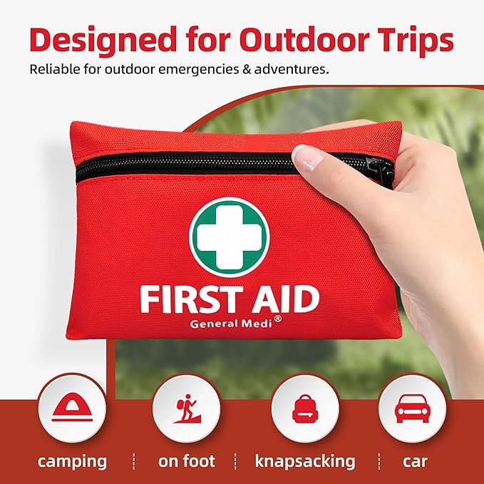 General Medi Mini First Aid Kit, 110 Piece Small First Aid Kit - Includes Emergency Foil Blanket, Scissors for Travel, Home, Office, Vehicle, Camping, Workplace & Outdoor (Red)