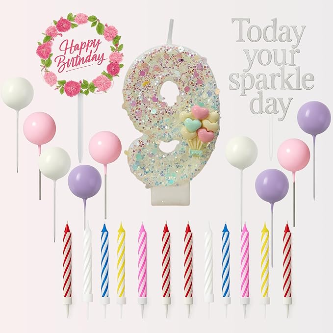 by Tugba Aydan - 9 Number Birthday Candles – 24 Piece Cake Decoration Kit with Number Candle – Party Supplies for Kids Ninth Birthday Celebration