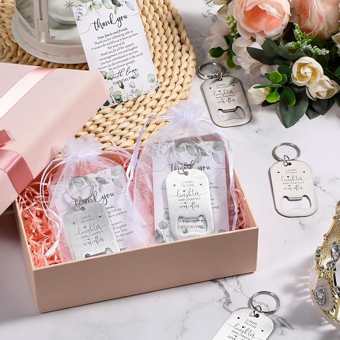 50 Sets Wedding Gifts for Guests Cheers to Love Laughter and Happily Ever After Opener Beer Opener Keychain Bottle Opener Keychain Thank You Card Organza Bags Bridal Shower Souvenirs