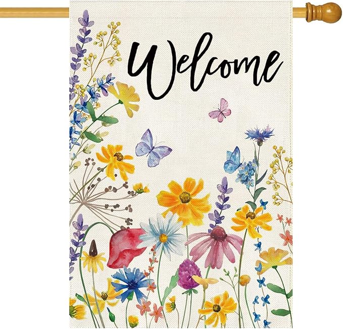 Baccessor Spring Summer Welcome Floral House Flag Flower Leaves Double Sided Large Yard Flag Heavy Duty Seasonal Butterfly Outdoor Outside Patio Decoration 28x40 Inch