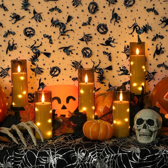 Homemory 12Pcs Flameless Candles with Star String Fairy Lights, Flickering Battery Operated Candles, LED Fake Candles with Remote and Timer, Halloween, Weddings, Home Decor, Grey