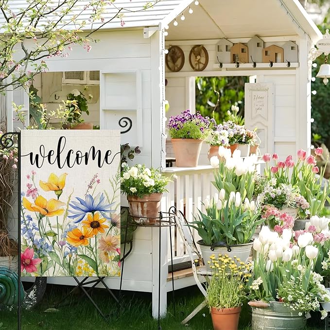 EKOREST Welcome Spring Flowers Garden Flags for Outside, Watercolor Floral Yard Decoration, Small Seasonal Summer Outdoor Decor for Farmhouse Holiday,12x18 Inch Double Sided