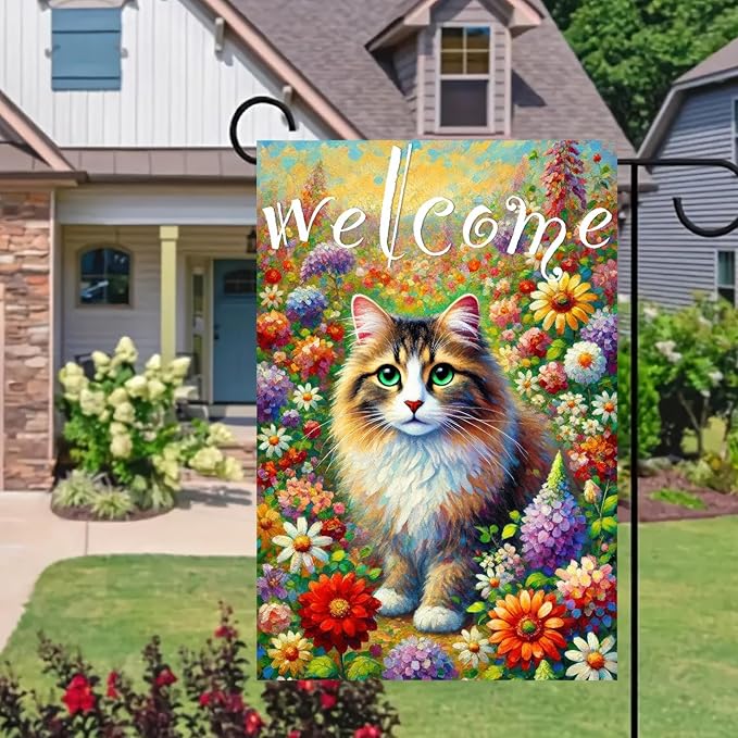 BlissYard Spring Welcome Cat Garden Flag Double Sided 12x18 Inch Tabby Cat Garden Flag Funny Floral Tulip Cats Flags Vertical Farmhouse Welcome Yard Spring Summer Seasonal Outdoor Porch Decor
