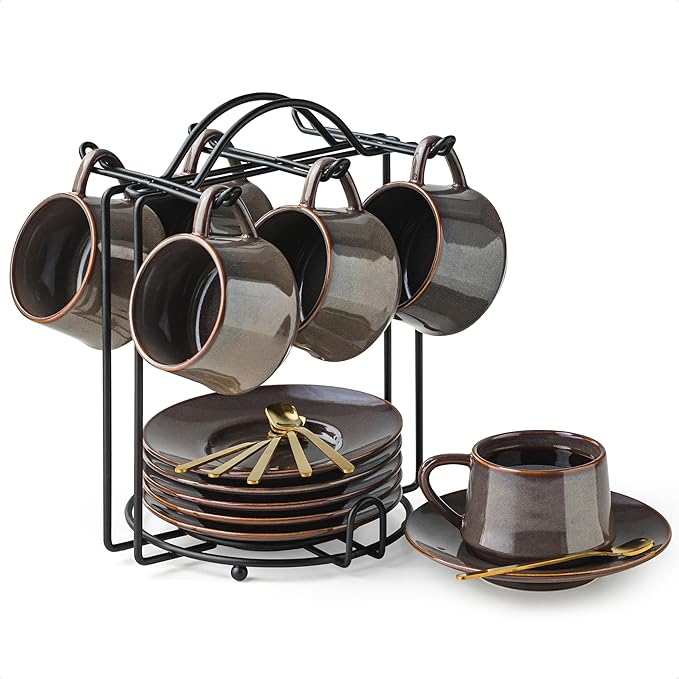 YHOSSEUN Espresso Cups 4 Oz, Porcelain Coffee Cups Set of 6 Espresso Cup with Saucers, Meatal Stand, and Stir Spoons, Brown Expresso Shots Cup