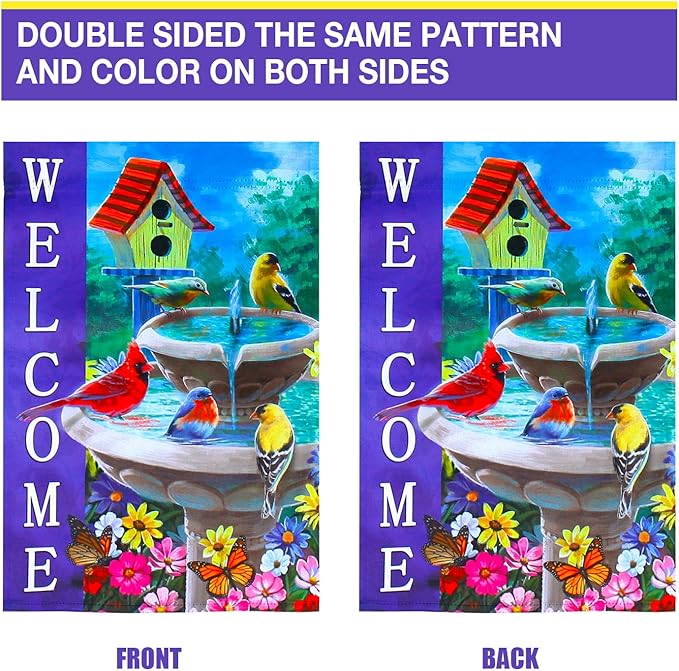 Welcome Spring Summer bird Outside Vertical Double Sided small Garden flags for all seasons Cardinal Birdhouse Outside Yard Flags