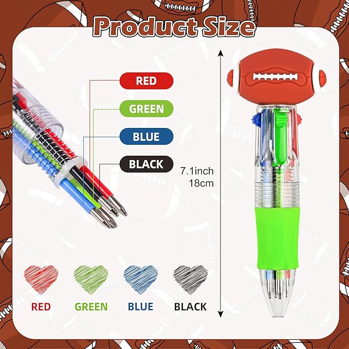 LiYiQ 25 Pcs Football Party Favor Multicolor Pen in One Cartoon Cute Fun 4-in-1 Cute Pens Bulk Kawaii Football Shape Cool Ballpoint Pens for Kids Fun Gifts