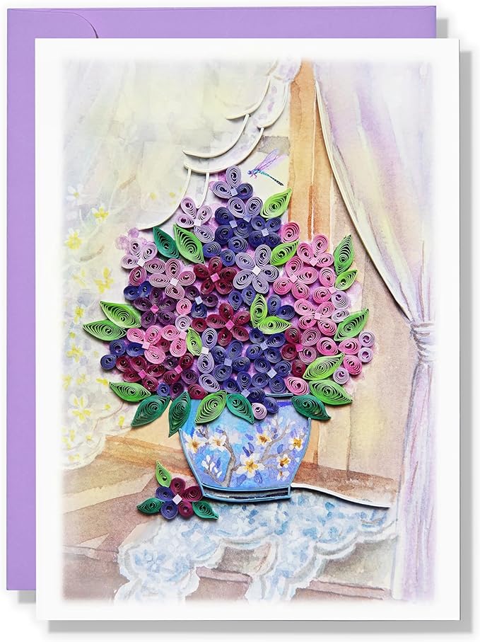 Garden Lilacs in Blue Vase Card, Quilling Cards for All Occasions, Birthday, Mothers Day, Anniversary, Watercolor Classy Card for Women, Mom