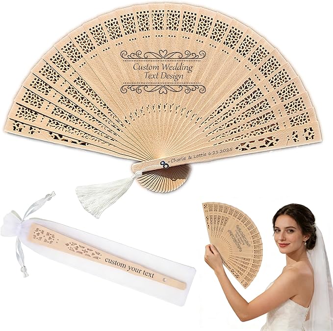MOSADO Personalized Wedding Fans for Guests, Custom Foldable Sandalwood Fans Bulk with Organza Bags and Tassels, Unique Bridal Shower Party Favors Wedding Favors for Guests (30)