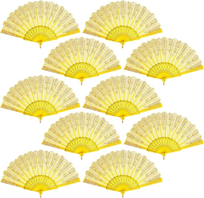QIRMIZI 30 Pack Folding Handheld Fans, Silk Spanish Fan, Perfect for Weddings, Parties, and Dancing,Yellow