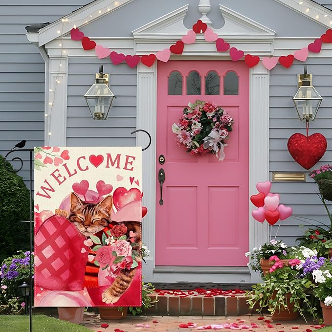ZAEW Welcome Valentine’s Day Garden Flag Romantic Red Big Roses Love Heart Cat Yard Flag 12x18 Inch Double Sided Small Mini Yard Outdoor Outside Holiday Decoration