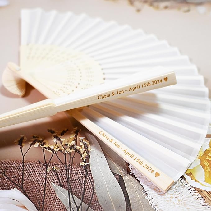 Personalized Engraved 40 Pcs White Silk Fans Folding Hand Fans, Summer Wedding Fans, Custom Silk-Bamboo Fans Wedding Party Favor Bridal Shower Dancing Props Gifts Birthday Party Supplies
