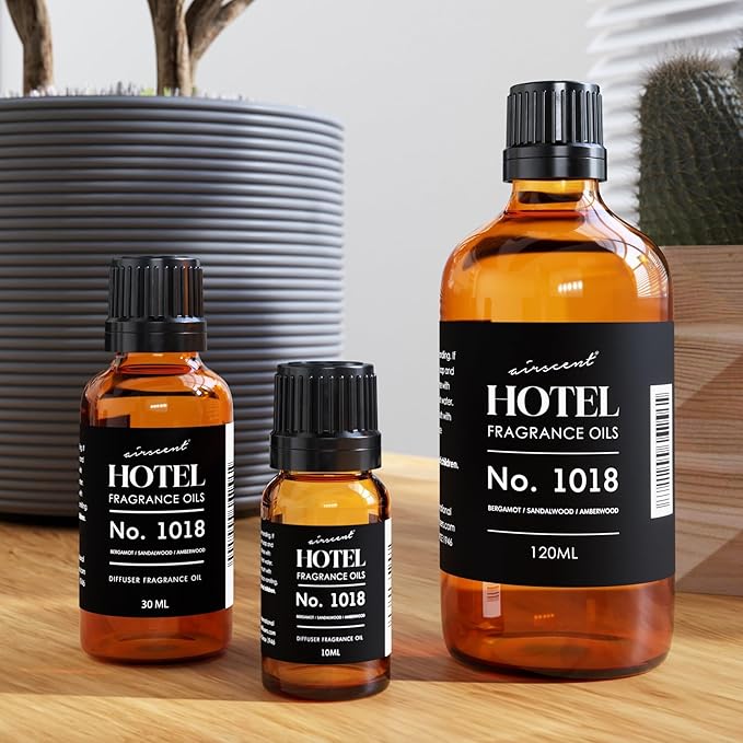 AirScent Hotel Diffuser Oil No. 1018 - Bergamot Sandalwood Amberwood - Hotel Scent Dupe - Premium Fragrance Oil for Ultrasonic and Waterless Diffusers and Crafting - 10 ml, 0.34 fl oz Glass Bottle