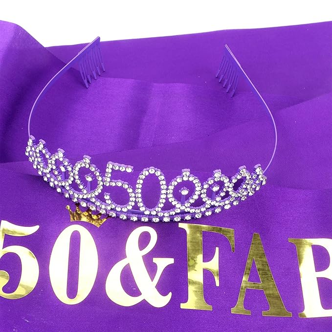 Casoty Purple 50th Birthday Sash and Tiara, 50th Birthday Decorations for Women, 50 & FABULOUS Sash and Crown Set, Party Supplies Favors for Women Gifts for Her