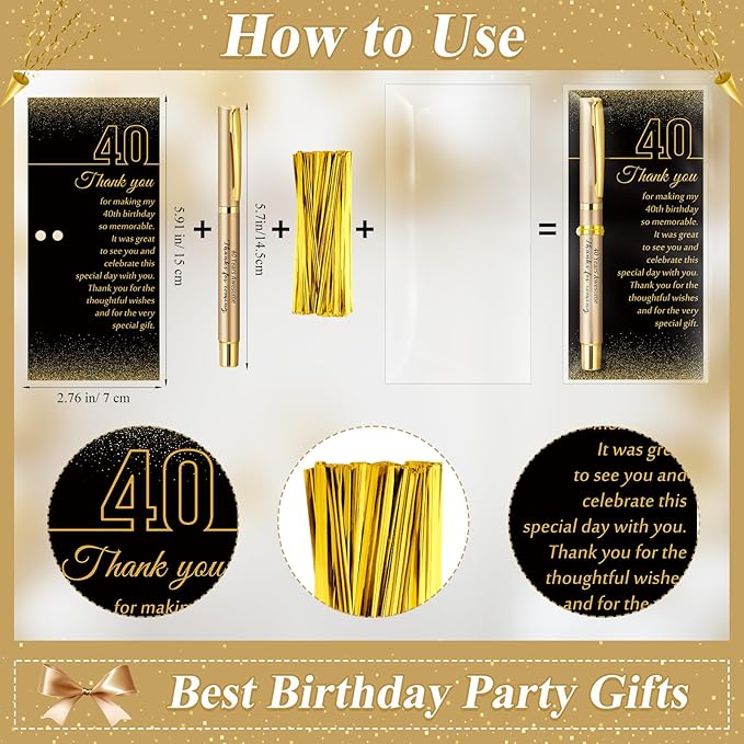 50 Set 40th Birthday Party Favor for Guest Anniversary Party Favor with Black and Gold Ballpoint Pens and Thank You Cards for Women Men Birthday Anniversary Appreciation Gifts