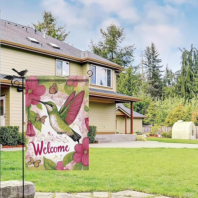 Starlit Patio Spring Summer Hummingbird Garden Flag 12x18 Inch Double Sided Hummingbird Floral Butterfly Small Yard Flag House Seasonal Farmhouse Outside Outdoor Decoration