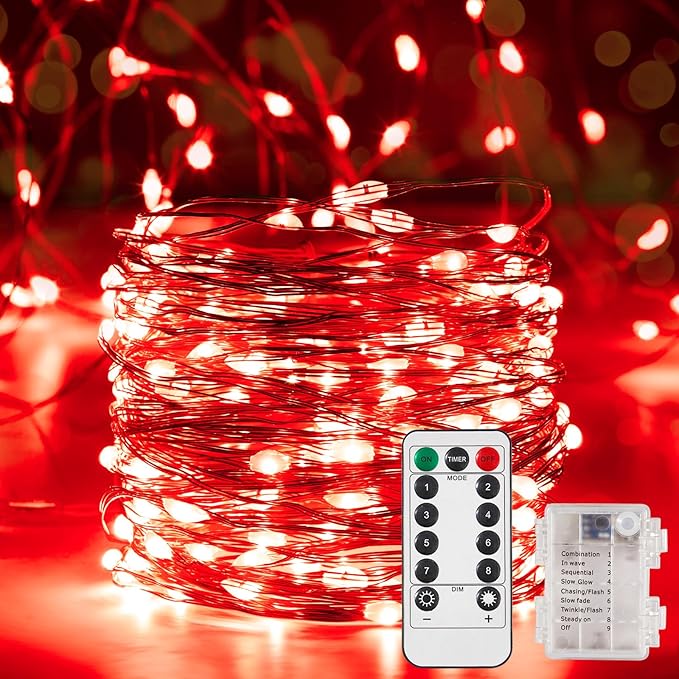 Ariceleo 2 Pack 16.4 Ft. Battery Operated Outdoor String Lights with Remote & Timer, LED Red Fairy Lights, Waterproof Twinkle Lights for Bedroom, Dorm, Mason Jar, Wedding, Party, Christmas